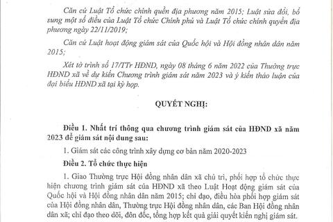 Nghị quyết về chương trình giám sát HĐND xã Yên Phong năm 2023
